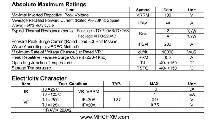 MHCHXM品牌肖特基二极管MBR40100F